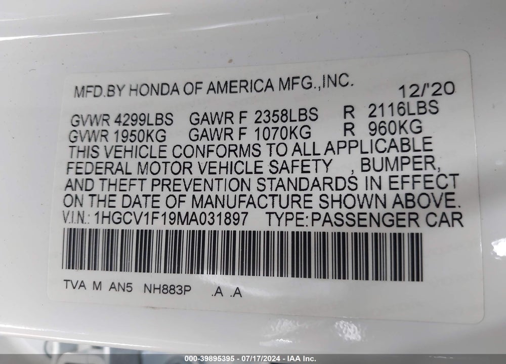 2021 HONDA ACCORD LX VIN: 1HGCV1F19MA031897