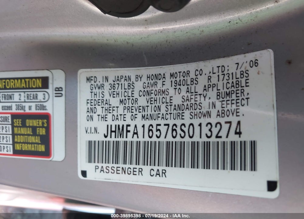 2006 HONDA CIVIC LX VIN: JHMFA16576S013274