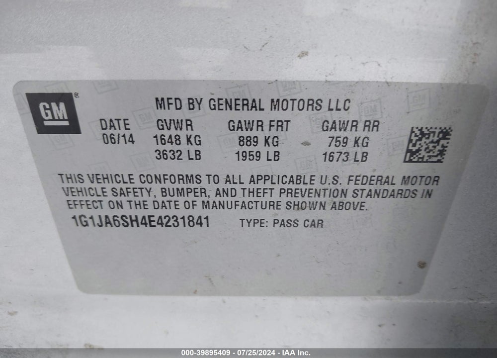 2014 CHEVROLET SONIC LS AUTO VIN: 1G1JA6SH4E4231841