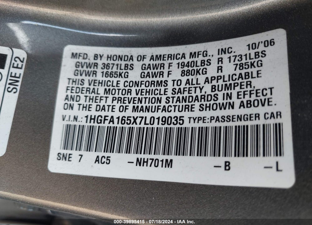 2007 HONDA CIVIC LX VIN: 1HGFA165X7L019035