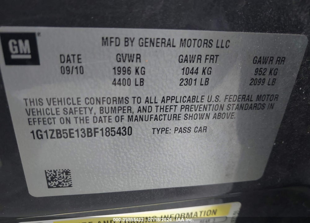 2011 CHEVROLET MALIBU LS VIN: 1G1ZB5E13BF185430