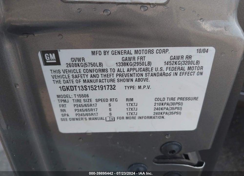2005 GMC ENVOY SLE VIN: 1GKDT13S152191732