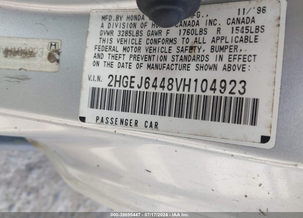 1997 HONDA CIVIC DX VIN: 2HGEJ6448VH104923