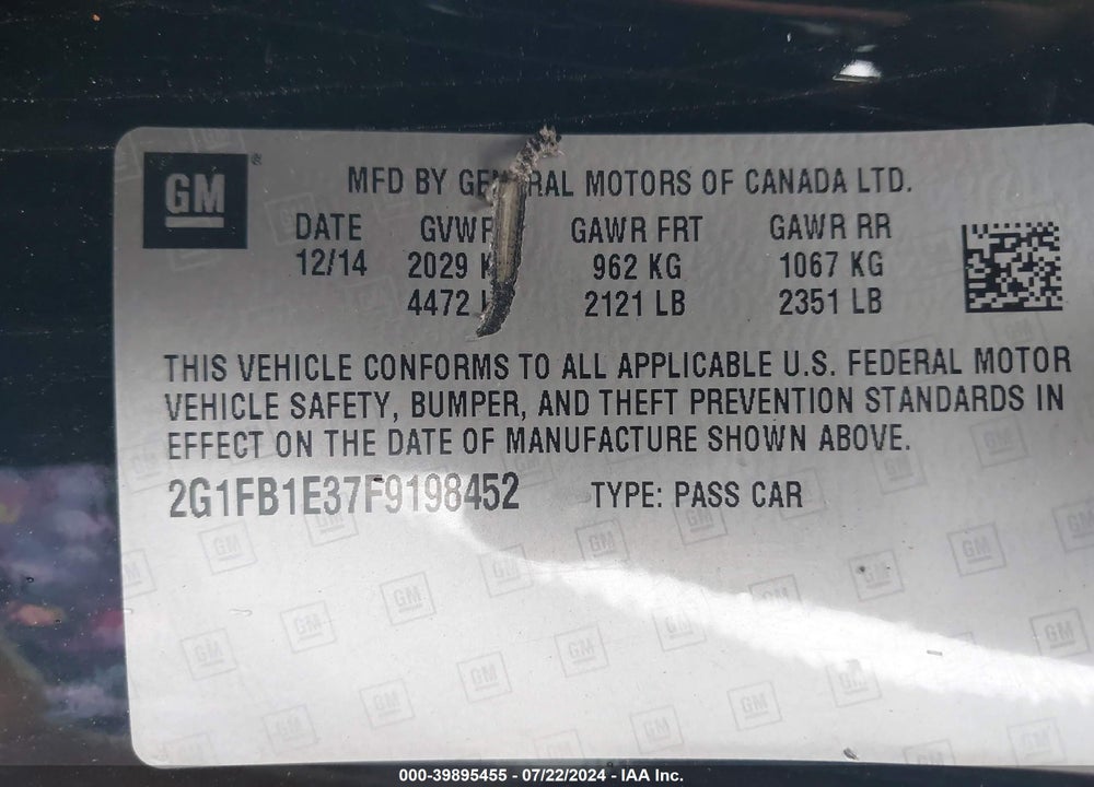 2015 CHEVROLET CAMARO 2LS VIN: 2G1FB1E37F9198452