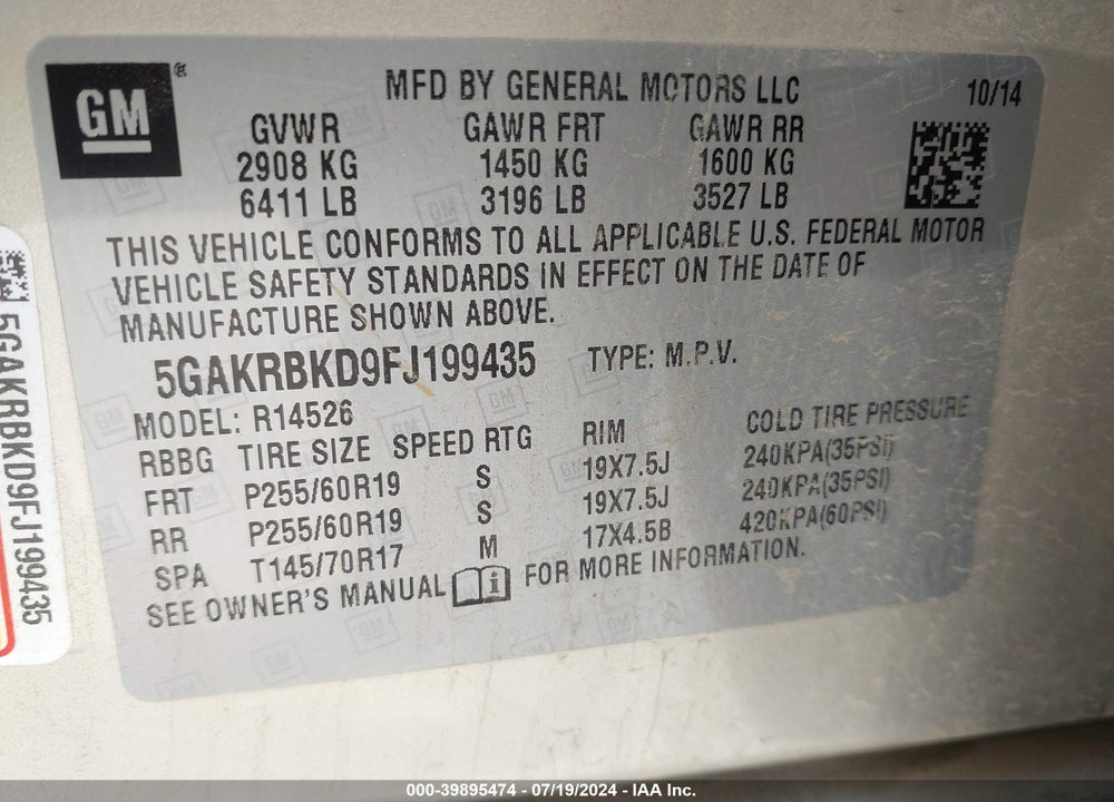 2015 BUICK ENCLAVE LEATHER VIN: 5GAKRBKD9FJ199435
