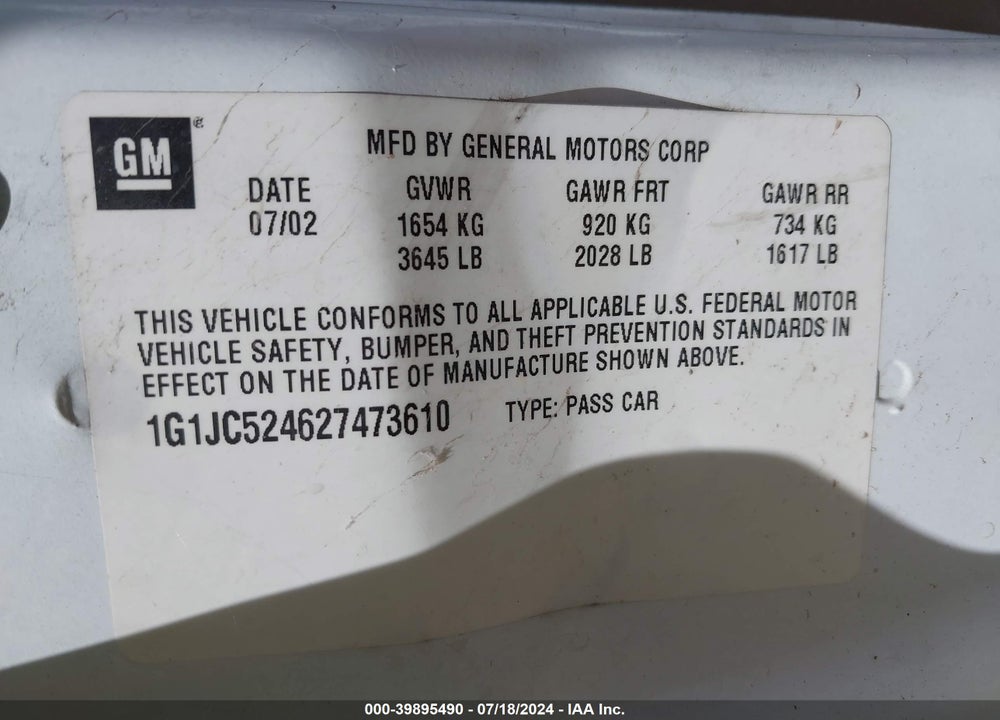 2002 CHEVROLET CAVALIER VIN: 1G1JC524627473610