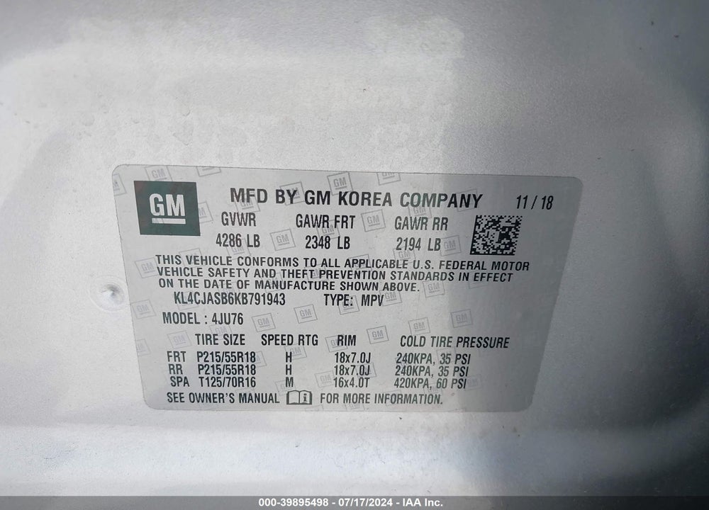 2019 BUICK ENCORE FWD PREFERRED VIN: KL4CJASB6KB791943