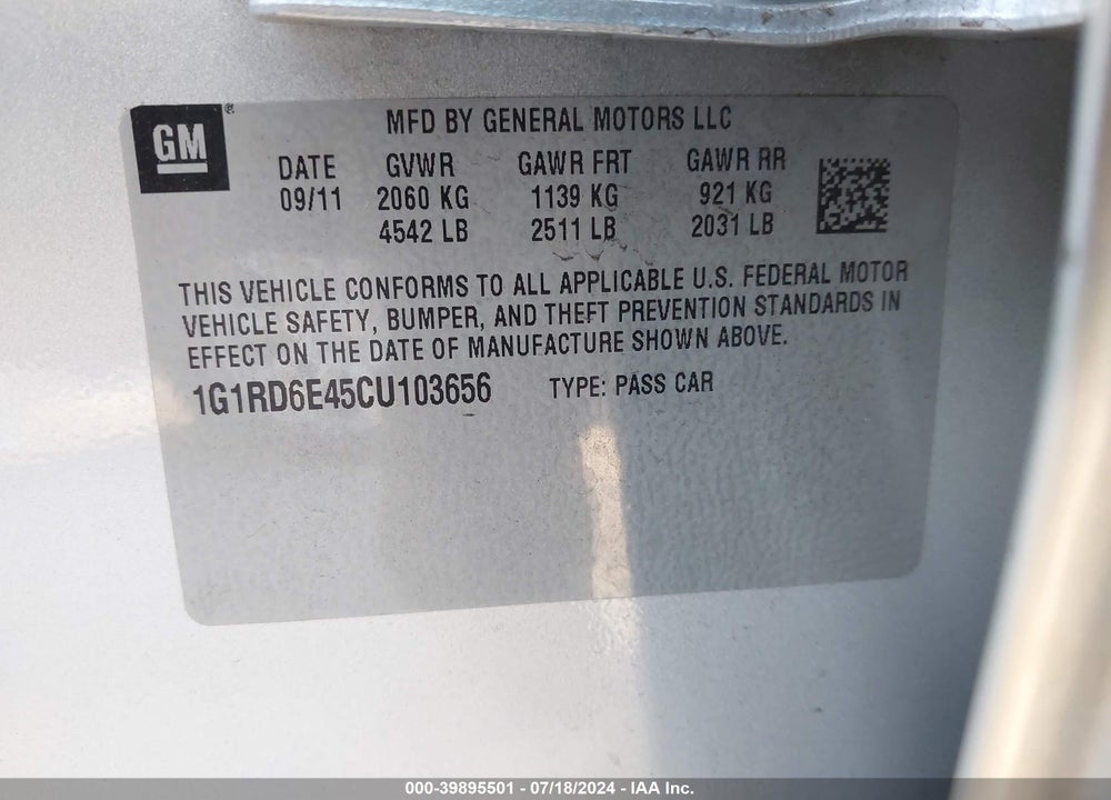 2012 CHEVROLET VOLT VIN: 1G1RD6E45CU103656