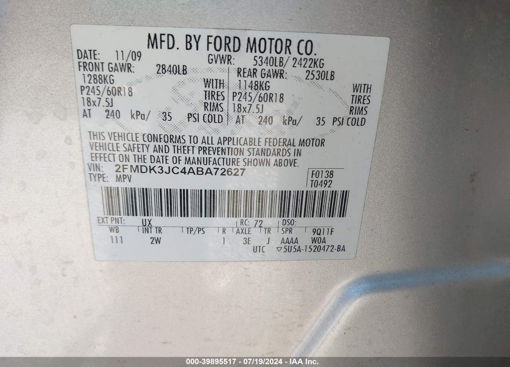 2010 FORD EDGE SEL VIN: 2FMDK3JC4ABA72627
