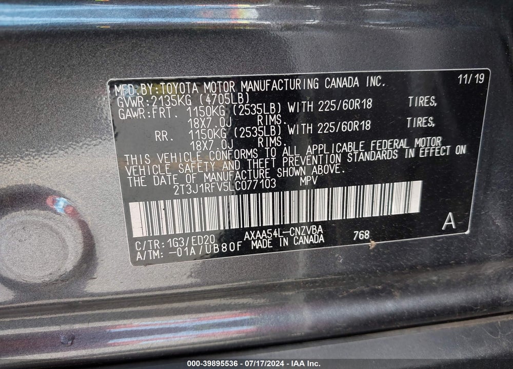 2020 TOYOTA RAV4 TRD OFF ROAD VIN: 2T3J1RFV5LC077103