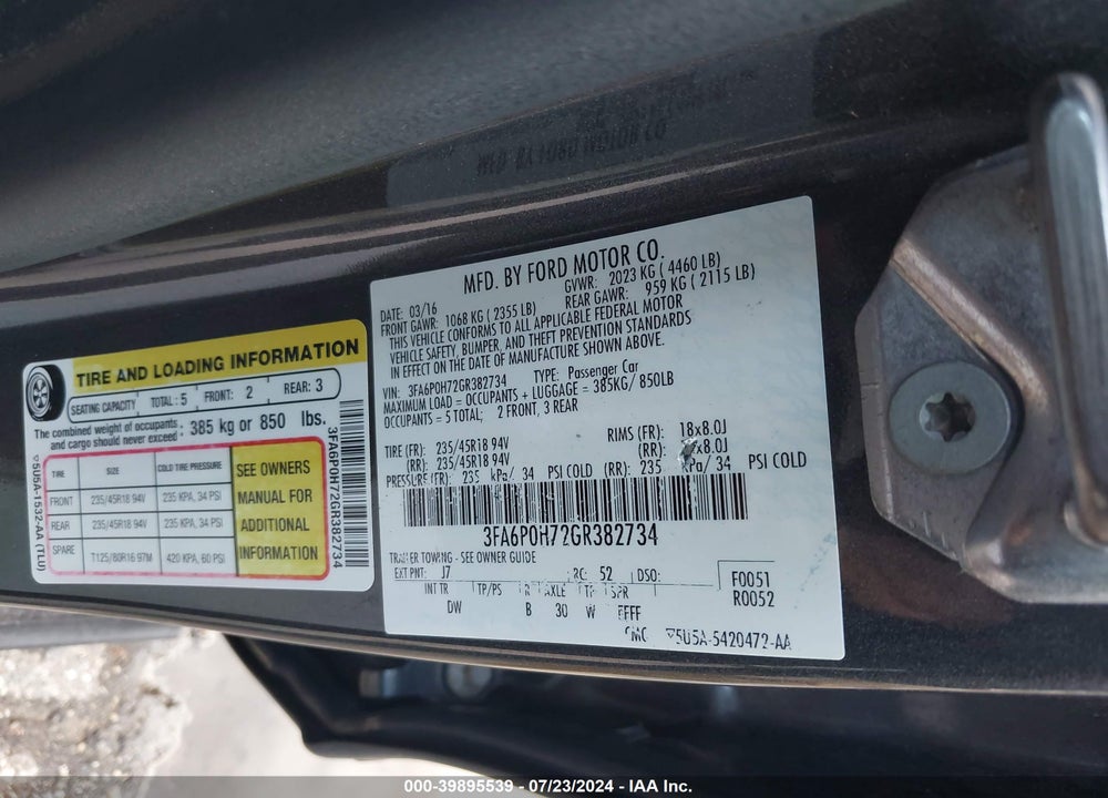 2016 FORD FUSION SE VIN: 3FA6P0H72GR382734