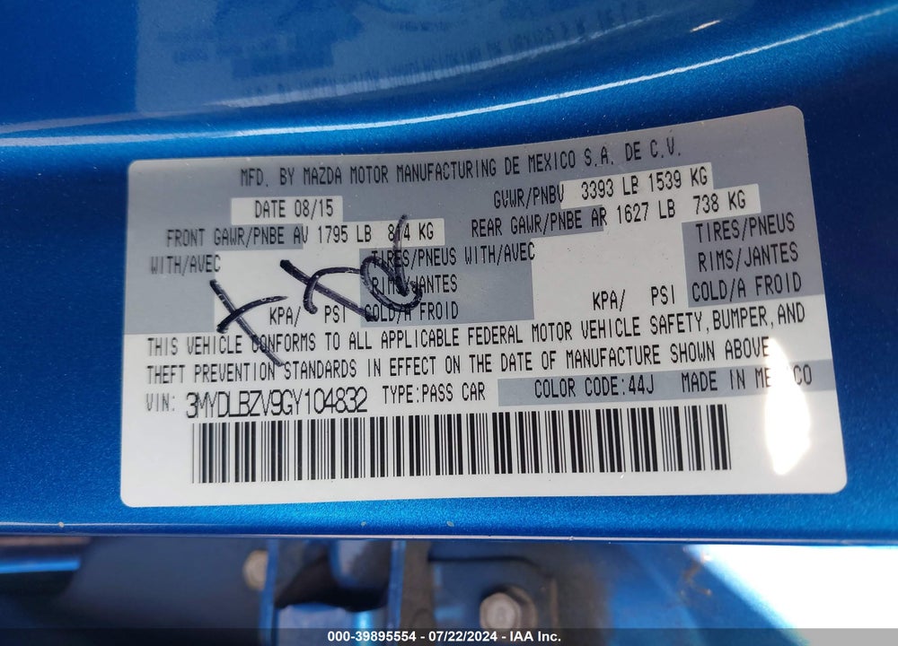 2016 SCION IA VIN: 3MYDLBZV9GY104832