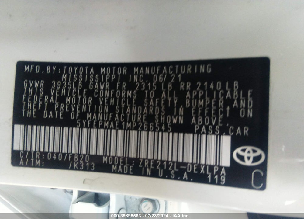 2021 TOYOTA COROLLA LE VIN: 5YFEPMAE1MP266545
