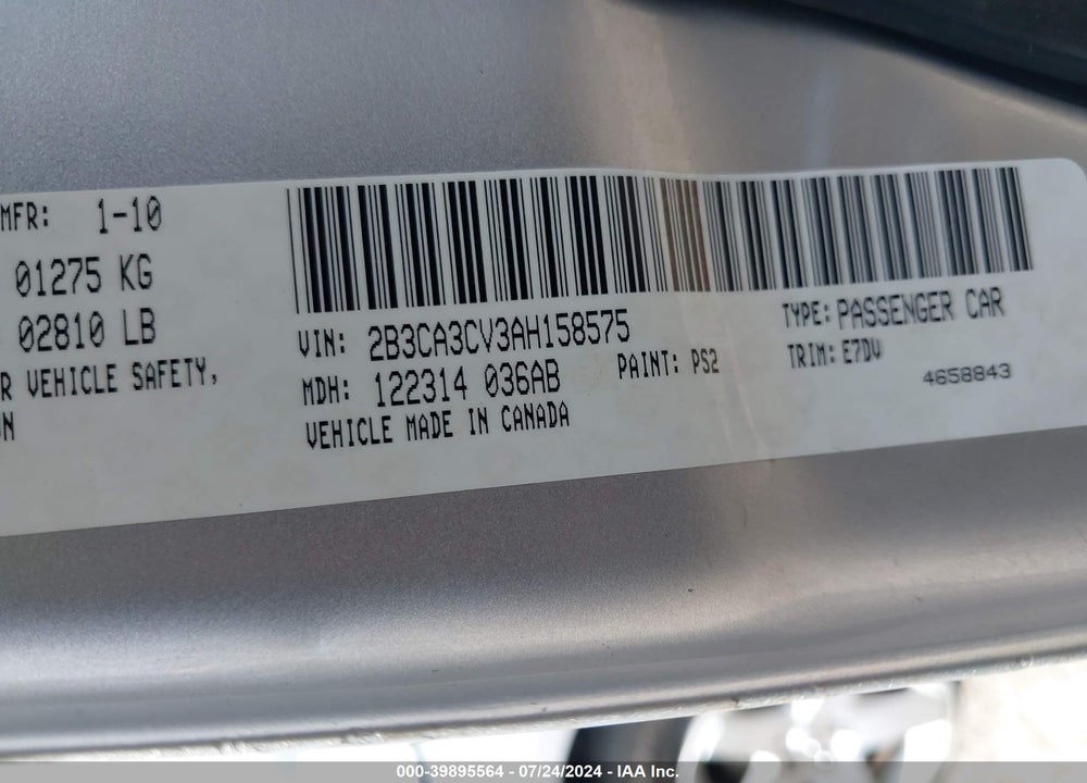 2010 DODGE CHARGER SXT VIN: 2B3CA3CV3AH158575