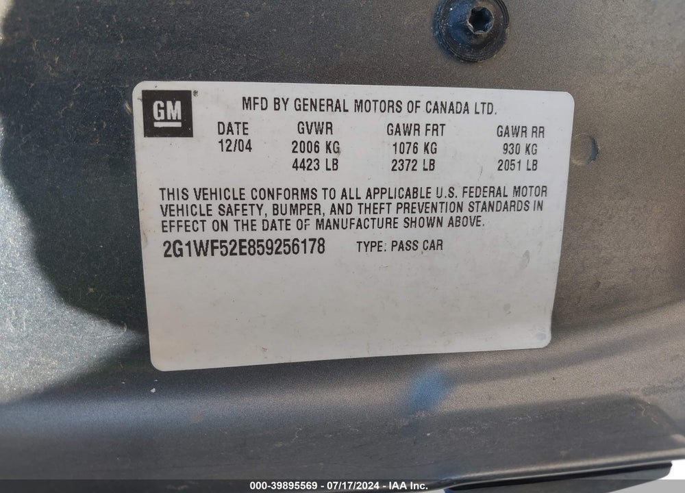 2005 CHEVROLET IMPALA VIN: 2G1WF52E859256178