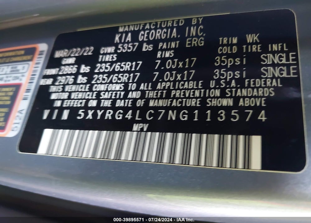 2022 KIA SORENTO LX VIN: 5XYRG4LC7NG113574