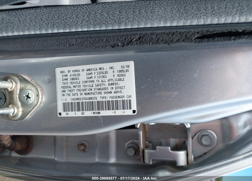 2006 HONDA ACCORD 2.4 SE VIN: 1HGCM56376A088372
