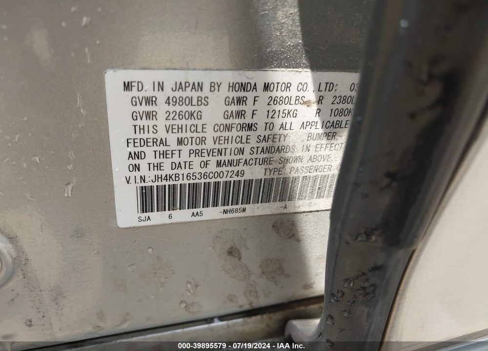 2006 ACURA RL VIN: JH4KB16536C007249
