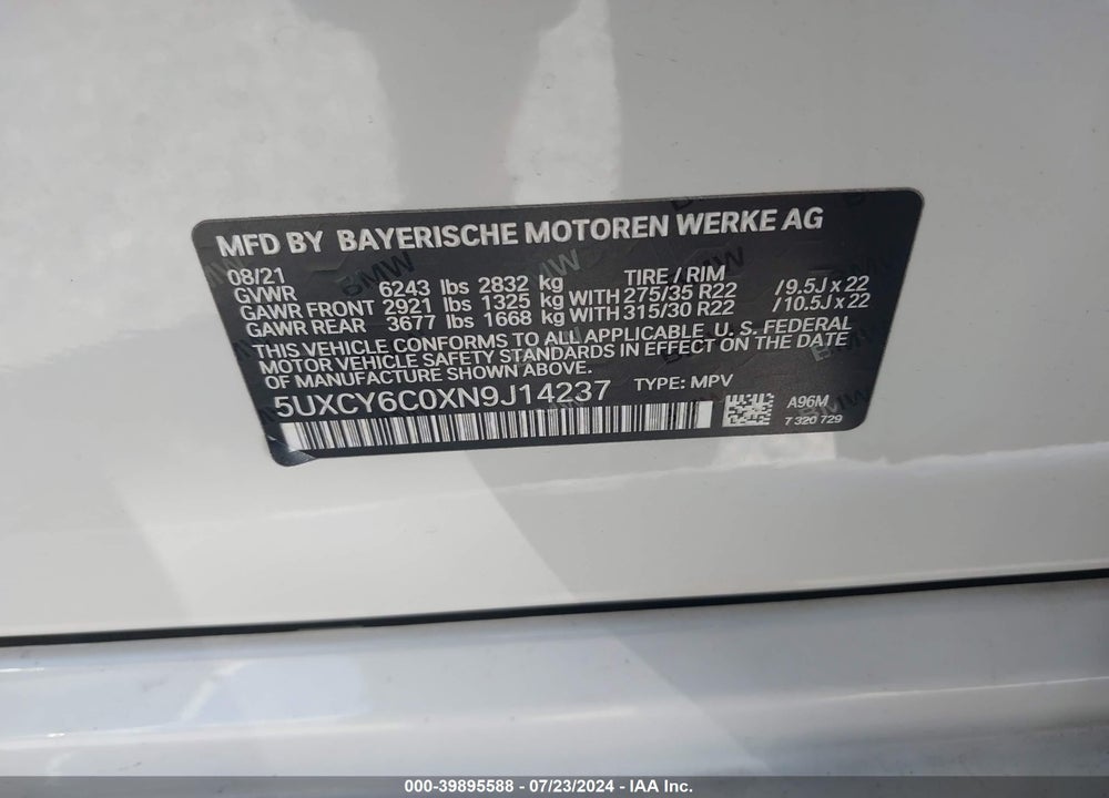 2022 BMW X6 XDRIVE40I VIN: 5UXCY6C0XN9J14237