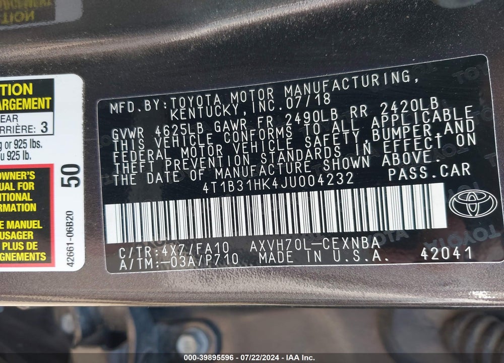 2018 TOYOTA CAMRY HYBRID LE VIN: 4T1B31HK4JU004232