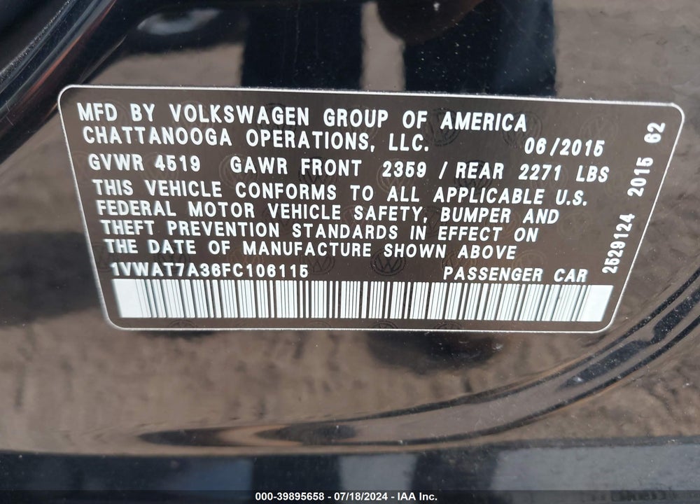 2015 VOLKSWAGEN PASSAT VIN: 1VWAT7A36FC106115