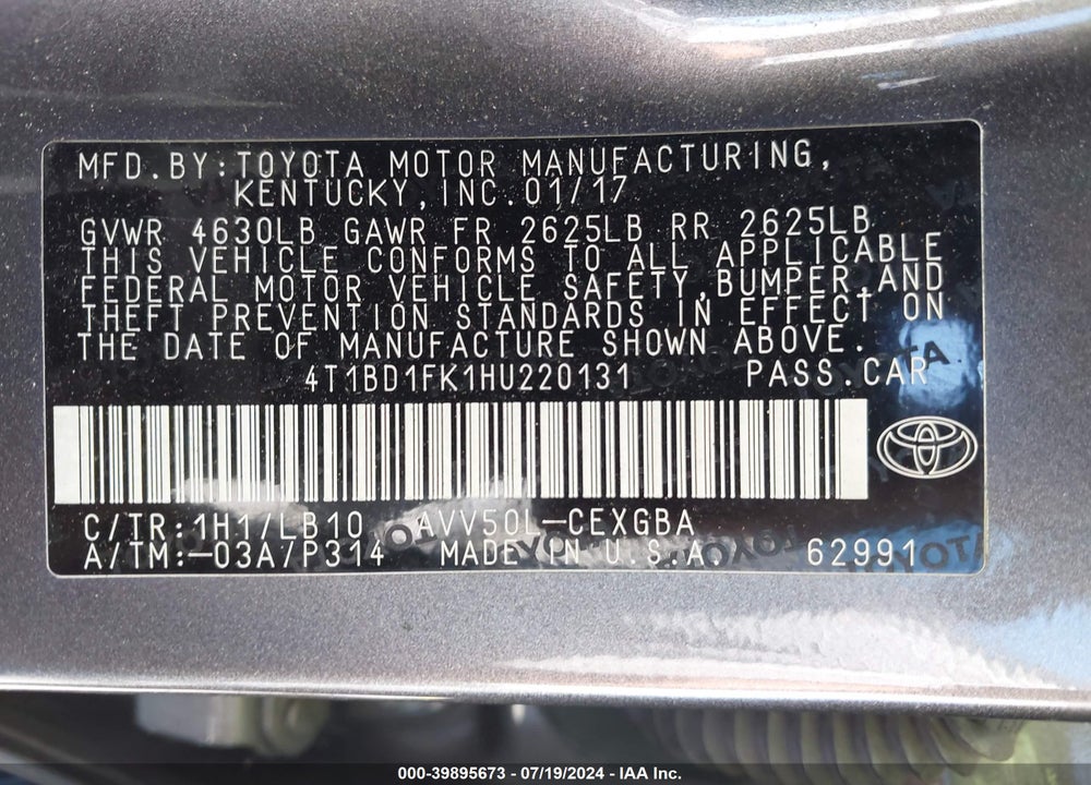 2017 TOYOTA CAMRY HYBRID XLE VIN: 4T1BD1FK1HU220131