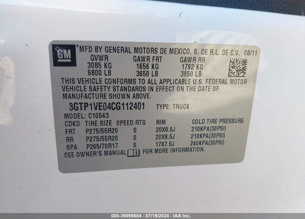 2012 GMC SIERRA 1500 SLE VIN: 3GTP1VE04CG112401