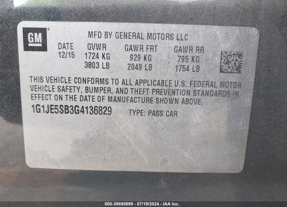 2016 CHEVROLET SONIC LTZ AUTO VIN: 1G1JE5SB3G4136829