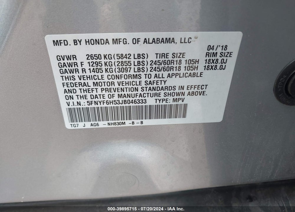 2018 HONDA PILOT EX-L VIN: 5FNYF6H53JB046333