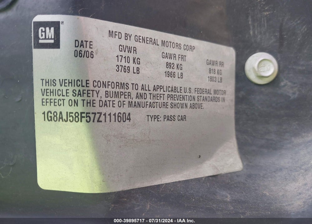 2007 SATURN ION 2 VIN: 1G8AJ58F57Z111604