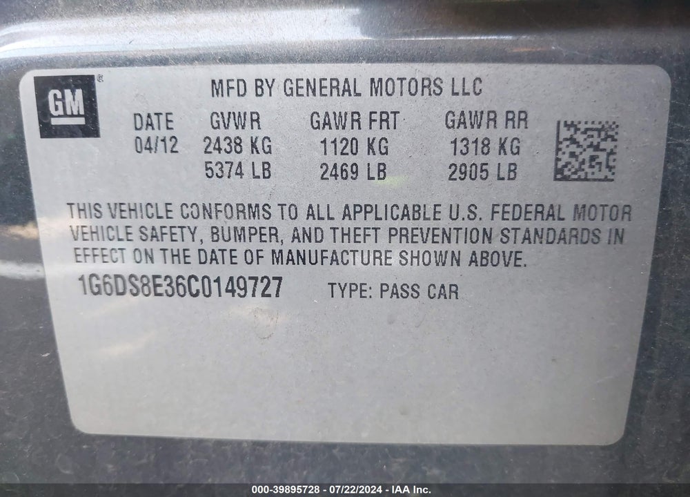 2012 CADILLAC CTS PREMIUM VIN: 1G6DS8E36C0149727