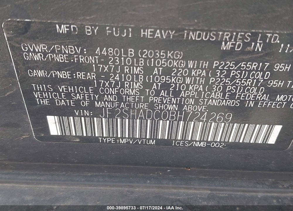 2011 SUBARU FORESTER 2.5X PREMIUM VIN: JF2SHADC0BH724269