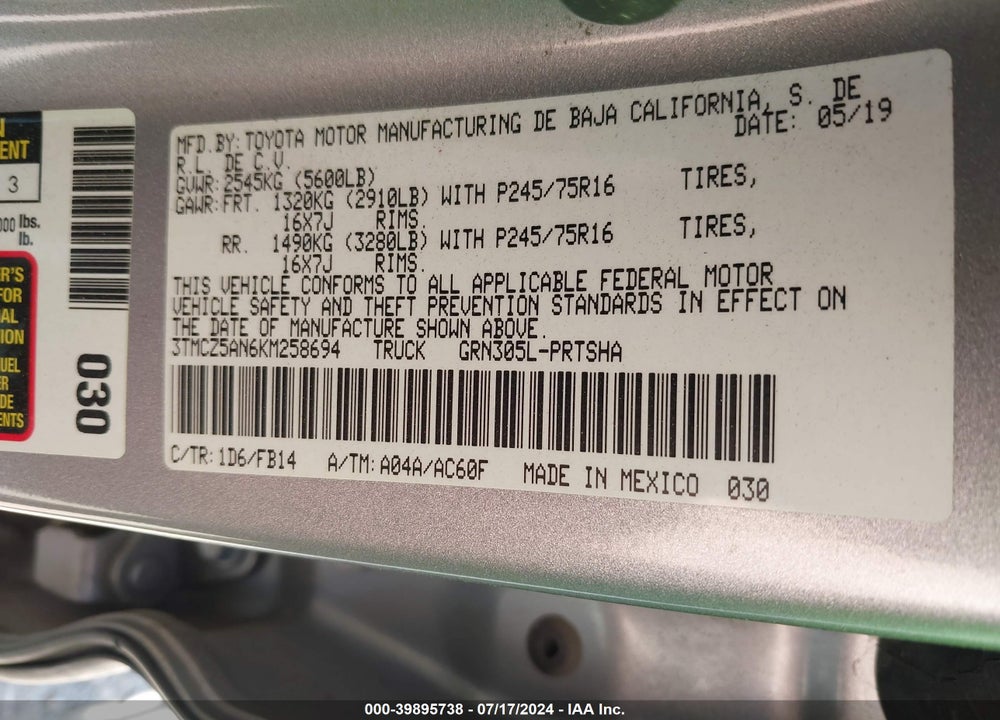2019 TOYOTA TACOMA SR V6 VIN: 3TMCZ5AN6KM258694