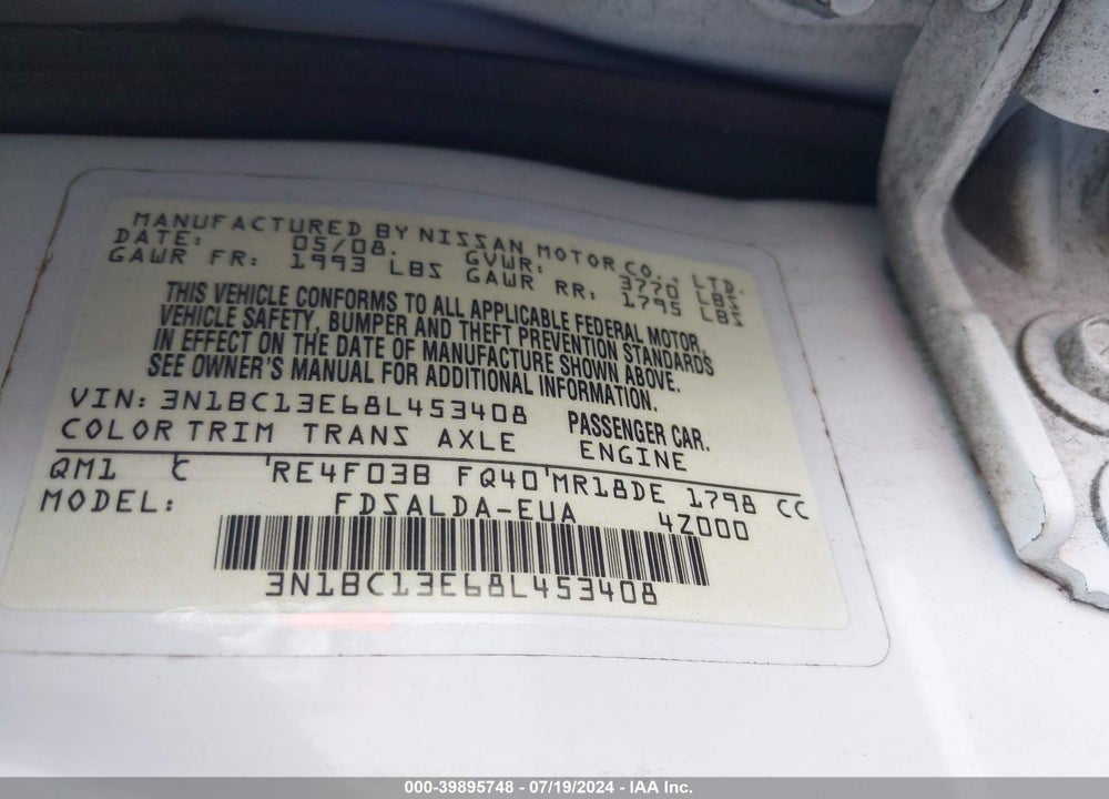 2008 NISSAN VERSA 1.8S VIN: 3N1BC13E68L453408