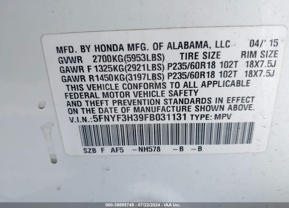2015 HONDA PILOT SE VIN: 5FNYF3H39FB031131