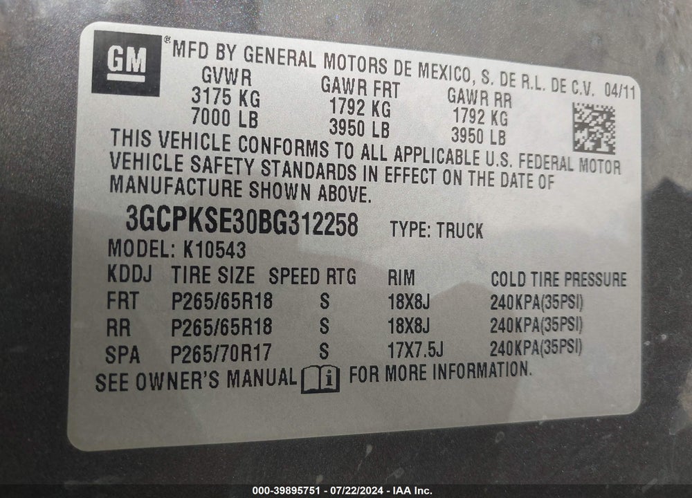 2011 CHEVROLET SILVERADO 1500 LT VIN: 3GCPKSE30BG312258