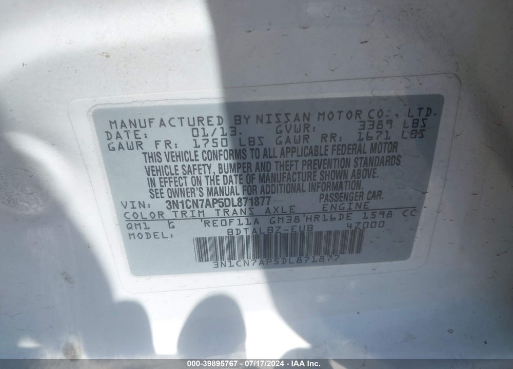 2013 NISSAN VERSA 1.6 SV VIN: 3N1CN7AP5DL871877