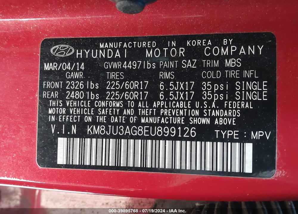 2014 HYUNDAI TUCSON SE VIN: KM8JU3AG8EU899126