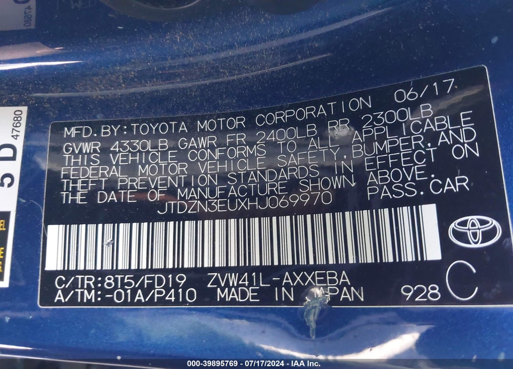 2017 TOYOTA PRIUS V THREE VIN: JTDZN3EUXHJ069970