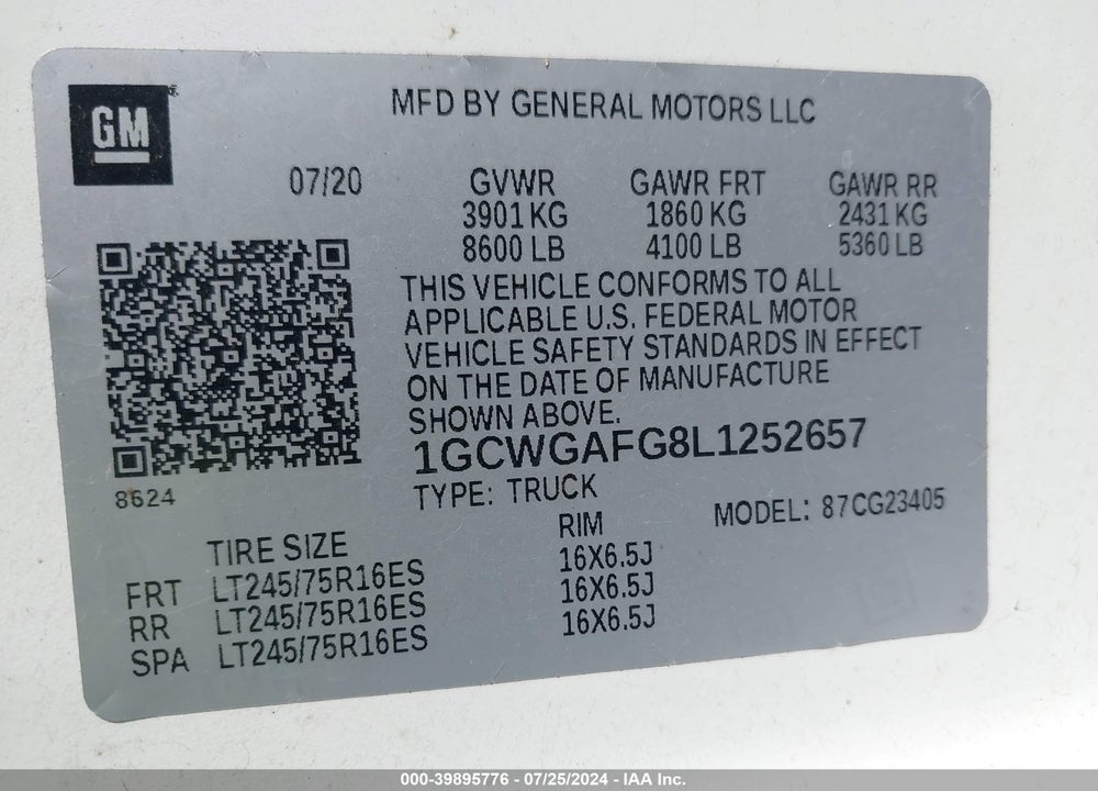 2020 CHEVROLET EXPRESS CARGO RWD 2500 REGULAR WHEELBASE WT VIN: 1GCWGAFG8L1252657