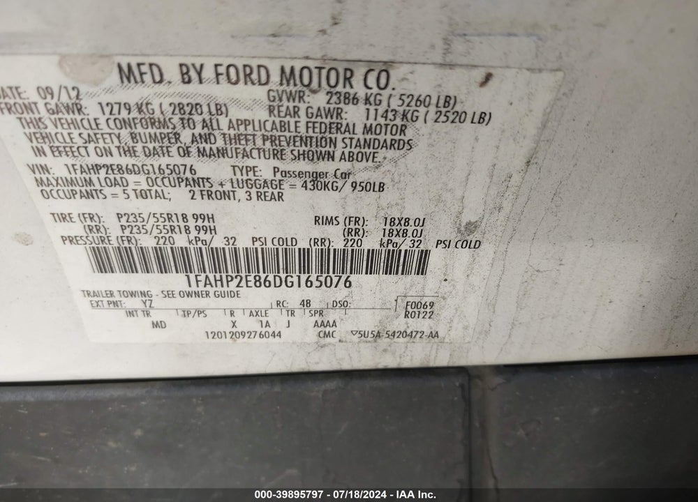 2013 FORD TAURUS SEL VIN: 1FAHP2E86DG165076