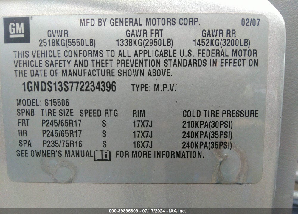 2007 CHEVROLET TRAILBLAZER LS VIN: 1GNDS13S772234396
