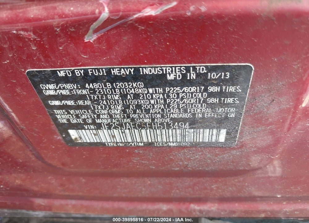 2014 SUBARU FORESTER 2.5I PREMIUM VIN: JF2SJAEC5EH513494