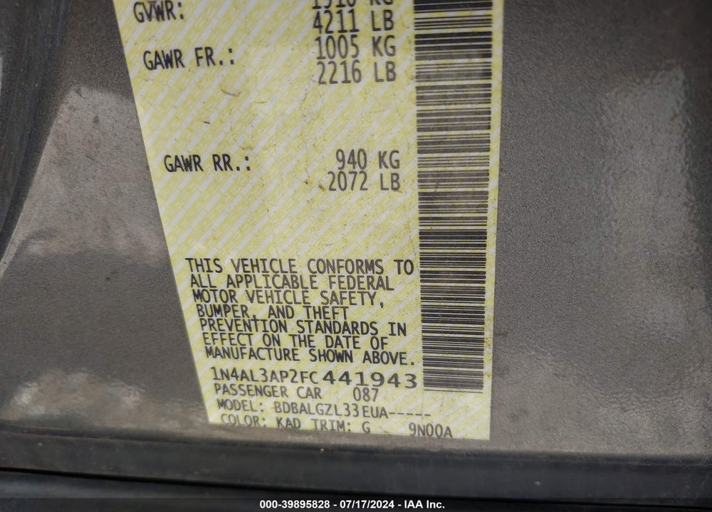 2015 NISSAN ALTIMA 2.5/2.5 S/2.5 SL/2.5 SV VIN: 1N4AL3AP2FC441943