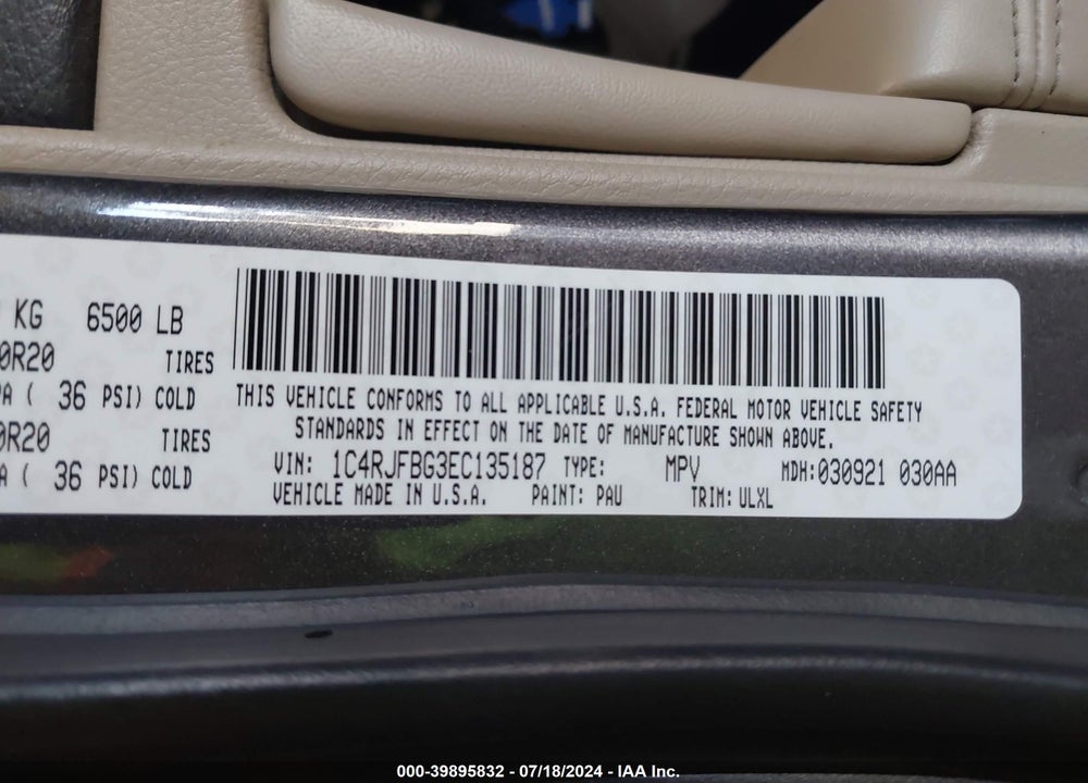 2014 JEEP GRAND CHEROKEE LIMITED VIN: 1C4RJFBG3EC135187