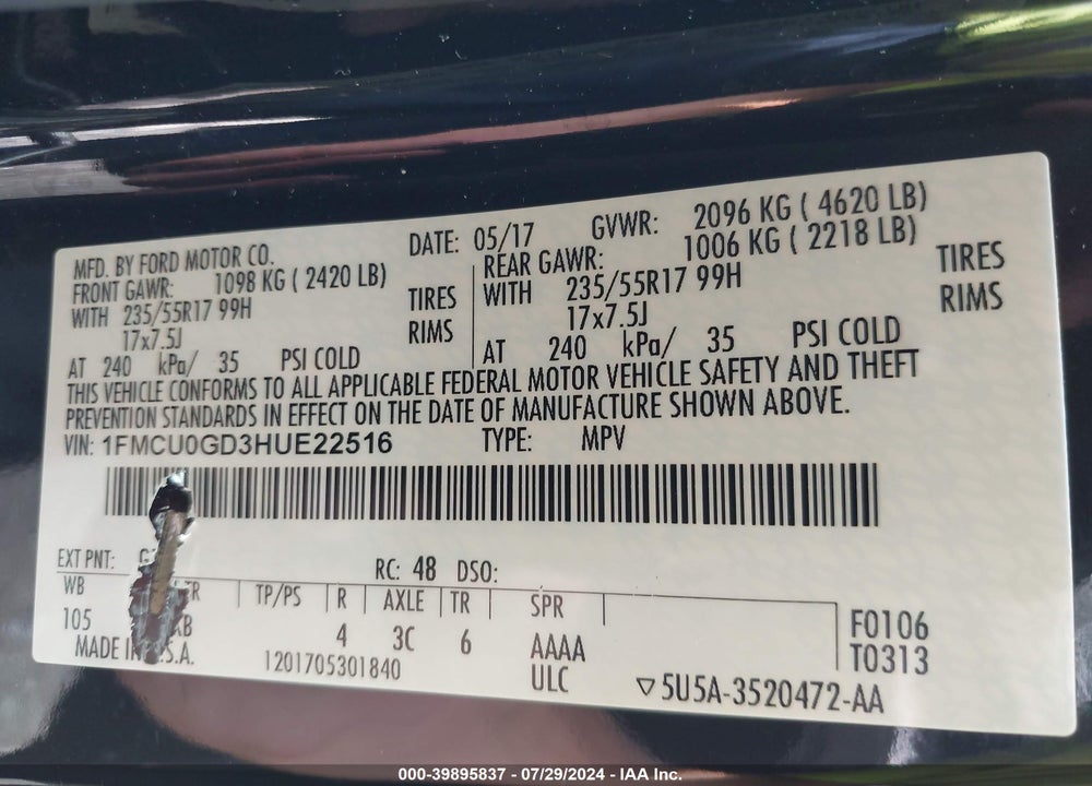 2017 FORD ESCAPE SE VIN: 1FMCU0GD3HUE22516