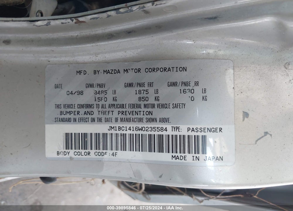 1998 MAZDA PROTEGE DX/LX VIN: JM1BC1416W0235584