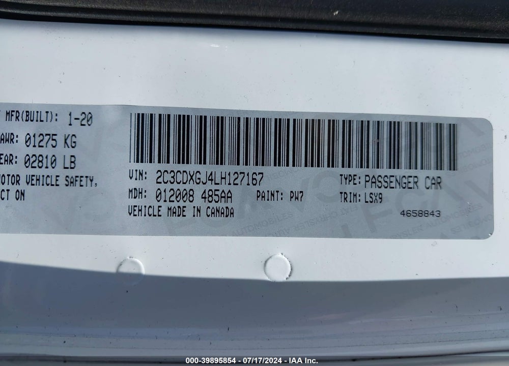 2020 DODGE CHARGER SCAT PACK RWD VIN: 2C3CDXGJ4LH127167