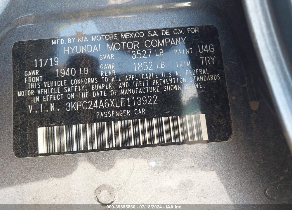 2020 HYUNDAI ACCENT SE VIN: 3KPC24A6XLE113922