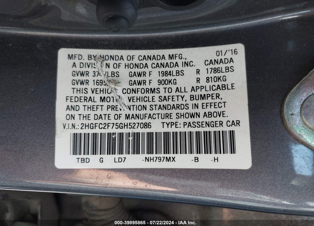 2016 HONDA CIVIC EX VIN: 2HGFC2F75GH527086